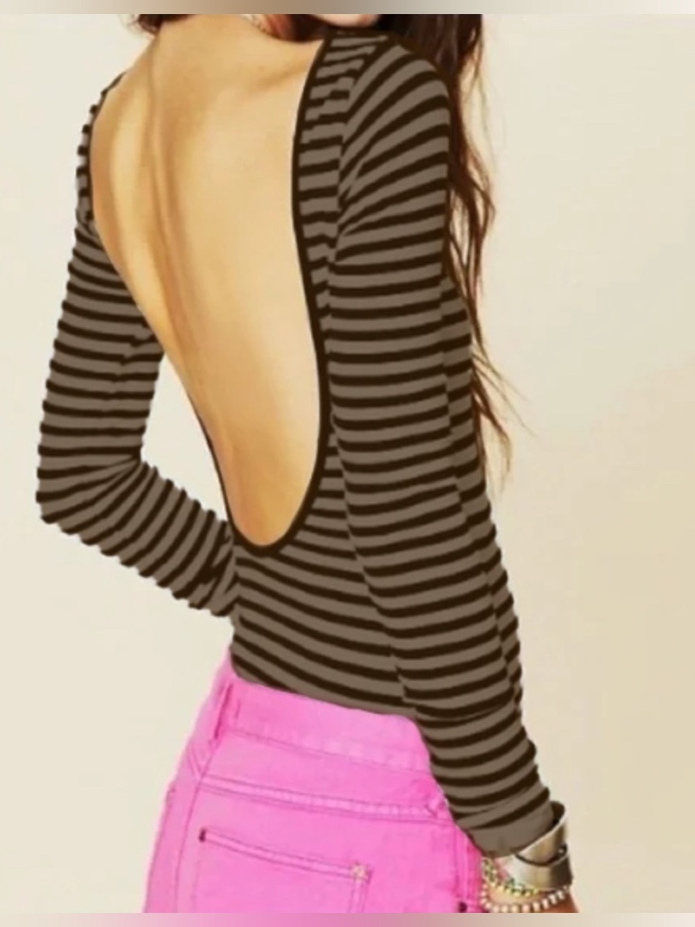 Free People Black & mocha Striped Open-Back Bodysuit